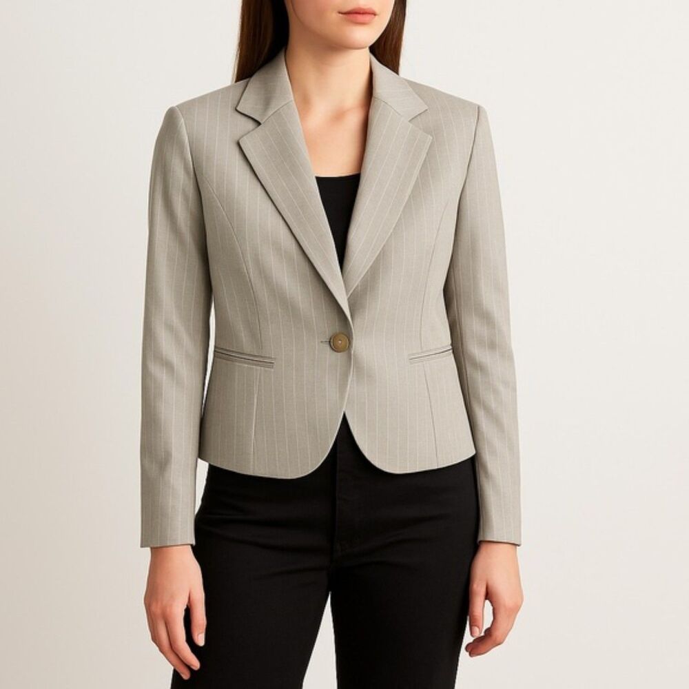 Lafayette 148 Single Button Suit Blazer Gray With Blue Pinstripe Women’s Size 10